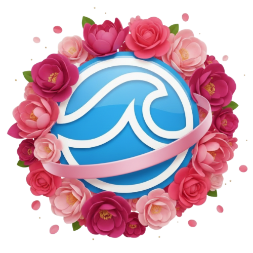 Logótipo Sadoart R3verse personalizado para o Dia das Mães, com ícone azul central rodeado por uma coroa de flores realistas em tons de rosa e uma fita rosa delicada